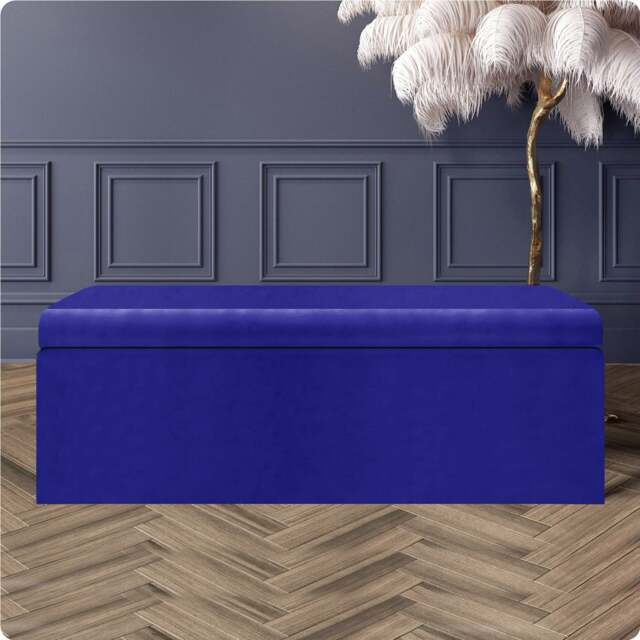 90cm Large Plain Safar Storage Ottoman Box, Sapphire Blue Plush Velvet Upholstered Deep Storage Ottoman End of Bed Bench