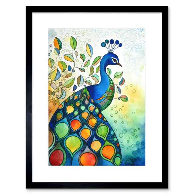 "Peacock Bird Folk Art Watercolour Painting 9x7"" Black Framed Wall Art Print"