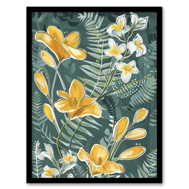 Spring Freesia Yellow Flowers Botanical Black Framed Wall Art Print A4
