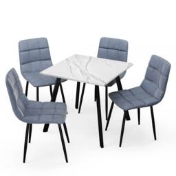5-Piece Dining Set - 80cm Square Table and 4 Upholstered Velvet Chairs with Metal Legs White White Marble & Madison Blue 5