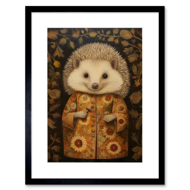 "Autumn Hedgehog Sunflower Robe Modern 9x7"" Black Framed Wall Art Print"
