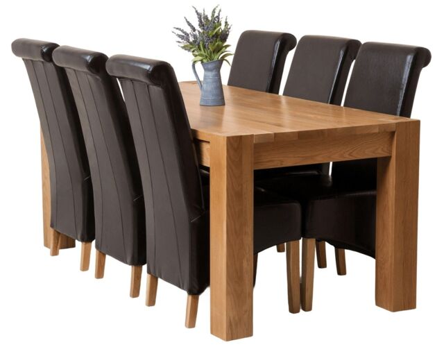 Kuba 180 x 90 cm Chunky Oak Dining Table and 6 Montana Leather Chairs Brown Brown