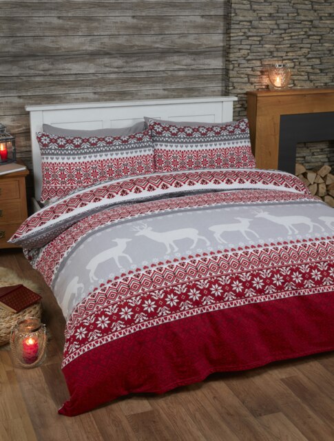 Fairisle Reindeer Pure Cotton Bed Cover Sheet Set Red Double 1