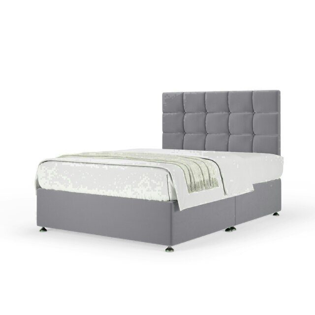 Silver Plush Velvet No Drawer Divan Base and Pearl Headboard King Size