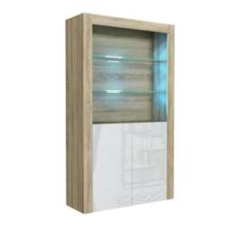 Display Cabinet 100cm White Gloss Doors Oak Matt Body Free LED Multi Oak