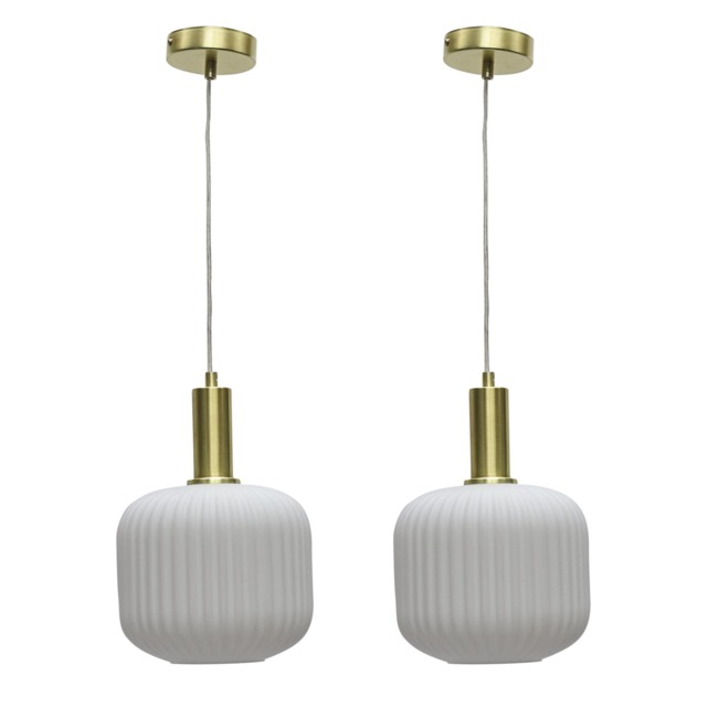 Set of 2 Bento - White Ribbed Glass Satin Brass Deco Pendant Fittings