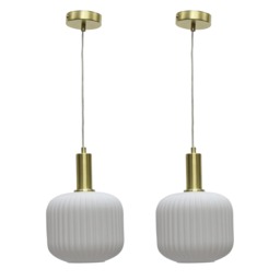 Set of 2 Bento - White Ribbed Glass Satin Brass Deco Pendant Fittings