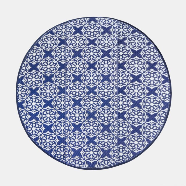 OHS Blue Tiles Large Outdoor Garden Patio Waterproof Floor Mat Rug Blue Blue and White 170cm Diameter