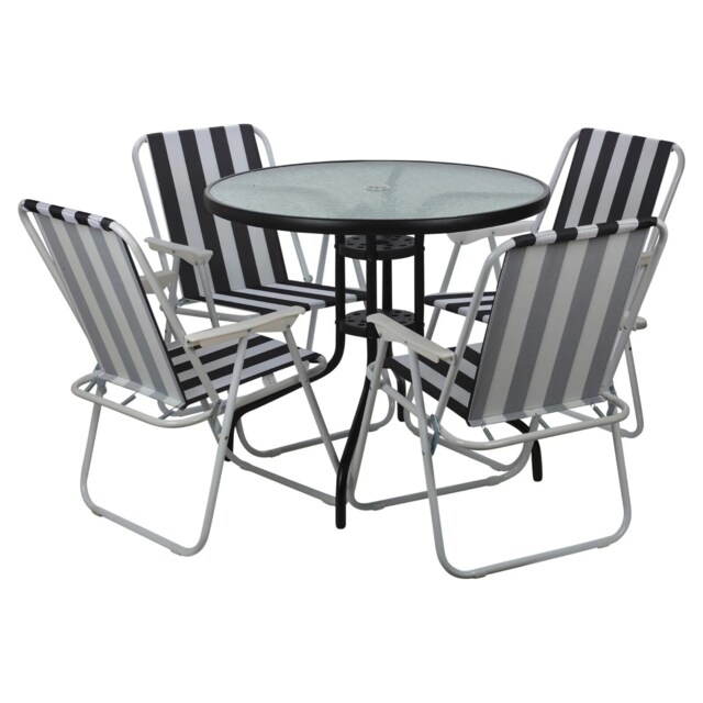 Garden Table & Folding Deck Chairs Set 2 4 Seater Outdoor Patio Dining Furniture White Table + 4 White & Black Stripes Chairs