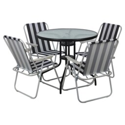 Garden Table & Folding Deck Chairs Set 2 4 Seater Outdoor Patio Dining Furniture White Table + 4 White & Black Stripes Chairs