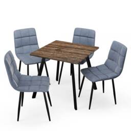 5-Piece Dining Set - 80cm Square Table and 4 Upholstered Velvet Chairs with Metal Legs Brown Rustic Oak & Madison Blue 5