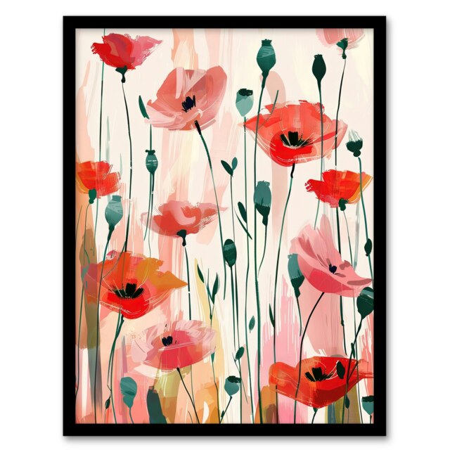 Poppy Flowers Pink Red Abstract Floral Home Decor Black Framed Wall Art Print A4