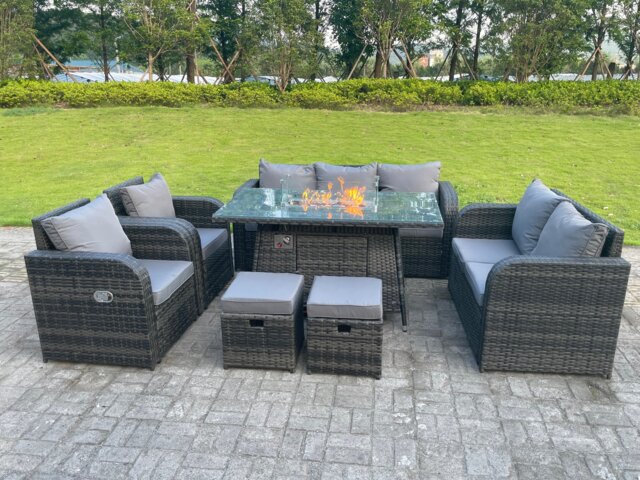 Fimous Dark Mixed Grey Rattan Outdoor Garden Furniture Gas Fire Pit Table Sets Gas Heater Lounge Love Sofa Recling Chairs Footstools 9 Seater