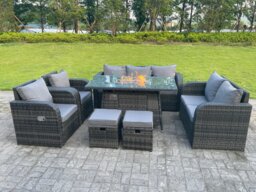 Fimous Dark Mixed Grey Rattan Outdoor Garden Furniture Gas Fire Pit Table Sets Gas Heater Lounge Love Sofa Recling Chairs Footstools 9 Seater