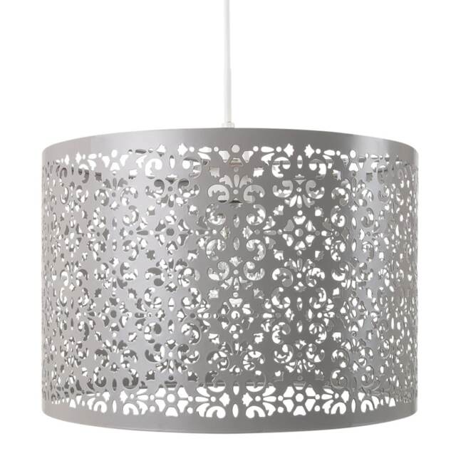 Moroccan Designed Soft Grey Metal Pendant Light Shade with Floral Decoration Grey Grey 1