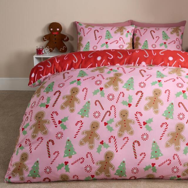 OHS Gingerbread Man Reversible Bedding Set Duvet Cover with Pillowcase Pink Single