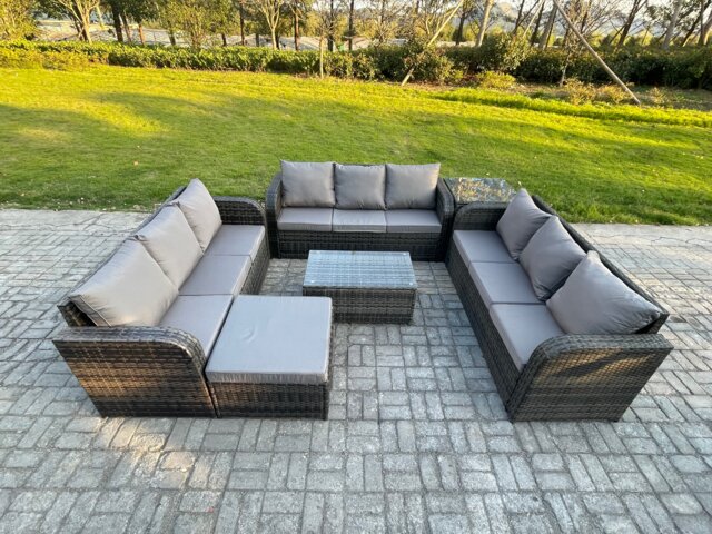 Fimous Rattan Lounge Sofa Set 10 Seater Outdoor Garden Furniture Set with Rectangular Coffee Table 3 Seater Sofa Big Footstool Side Table Dark Grey Mixed