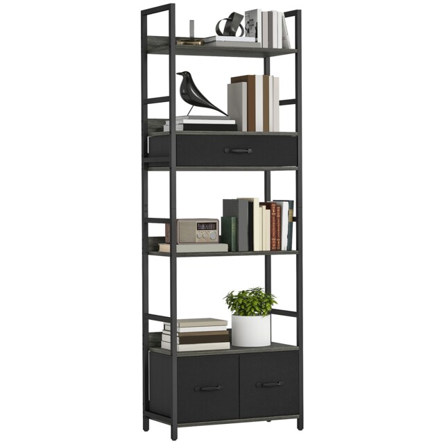 HOMCOM Industrial Bookshelf with 4 Shelves and 3 Fabric Drawers Grey Grey Grey