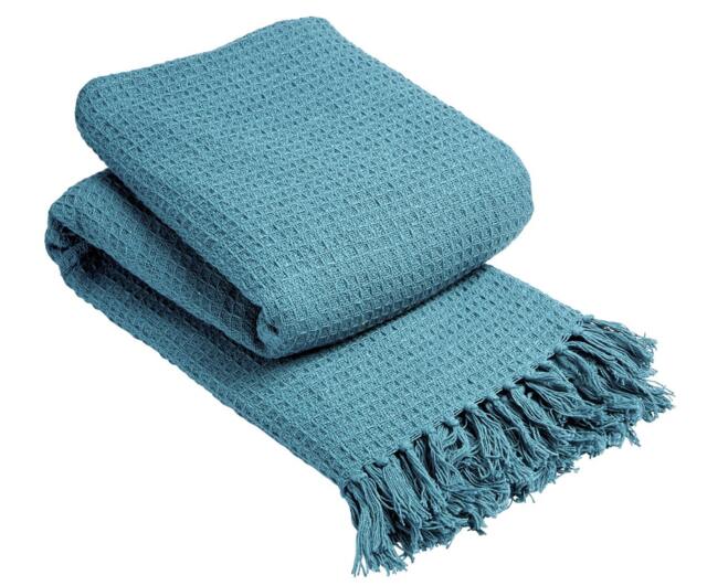 Lisbon Pure Cotton Honeycomb Throw in Teal, 228 x 254cm Blue Blue