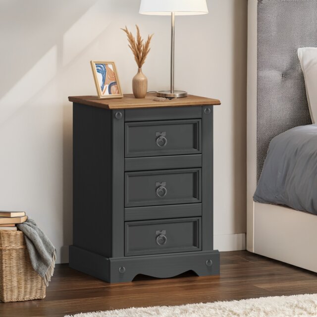Mercers Furniture Corona Charcoal Medium 3 Drawer Bedside Cabinet Chest Table Solid Wood Pine Wooden Dark Grey Bedroom with Mexican Styling