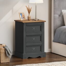 Mercers Furniture Corona Charcoal Medium 3 Drawer Bedside Cabinet Chest Table Solid Wood Pine Wooden Dark Grey Bedroom with Mexican Styling