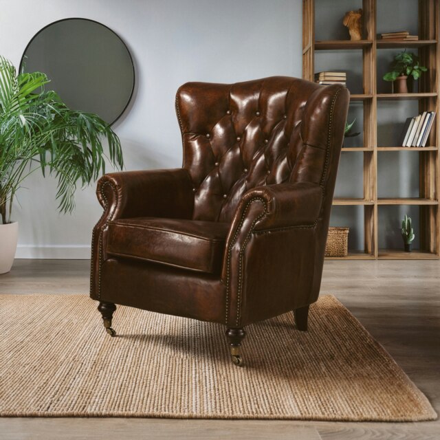Brown Leather Scroll Armchair, Lounge Chair With Quilted Backrest,Walnut Wooden Chair With Stud Details Brown