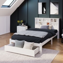 VILUXE 3ft Single Wooden Storage Bed with Bookcase Headboard, Reversible Underbed Drawer and Slats, White, 90 x 190cm, No Mattress