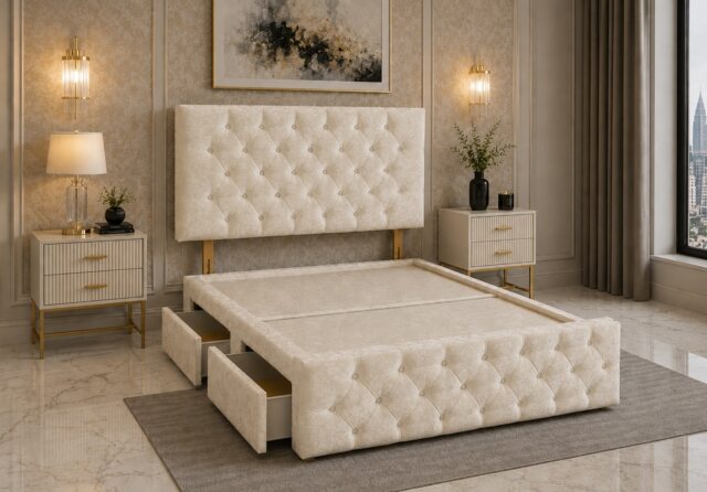 Brooklyn Divan Bed with Upholstered Headboard & Footboard Base - Double Cream Crush No Storage