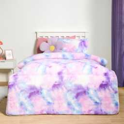 OHS Tie Dye Teddy Fleece 10.5 Tog Coverless Single Duvet with Pillowcase Purple Lilac Single
