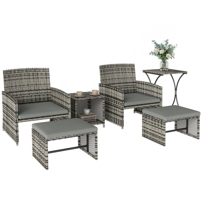 Outsunny 6 Piece Rattan Garden Furniture Set with Nesting Tables, Grey Grey Light Grey Cushions with Grey Rattan Not provided