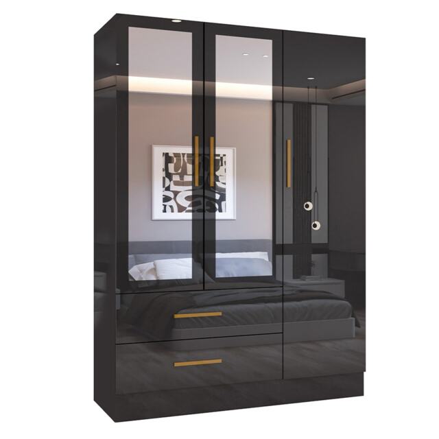 Modern High Gloss 3 Door Hinged Bedroom Wardrobe with Mirror and Drawers - Black 120cm