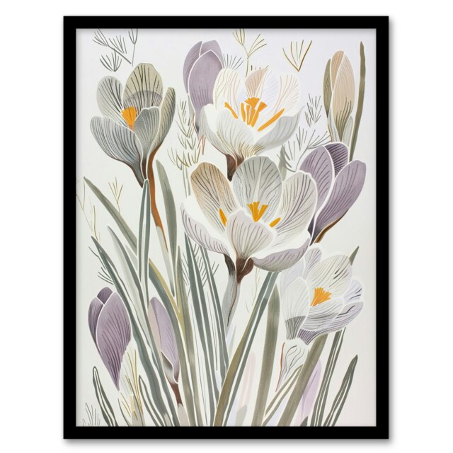 Crocus Flowers Bloom Pastel Bouquet Living Room Black Framed Wall Art Print A4