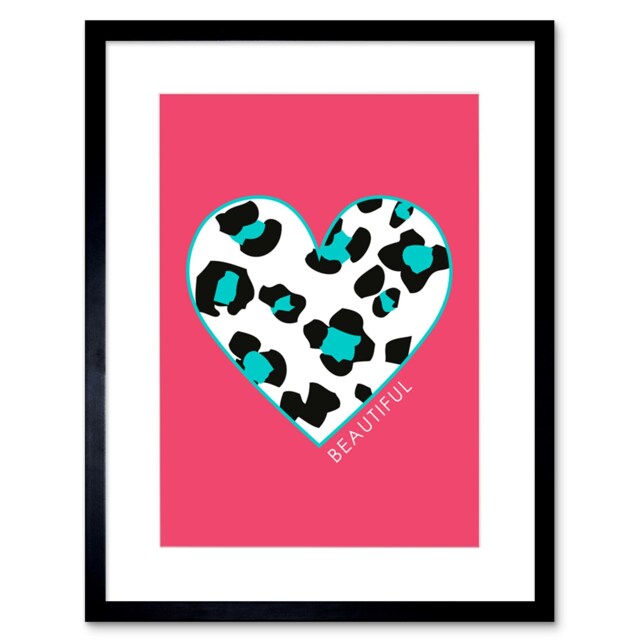 "Pink Teal Leopard Pattern Love Heart Beautiful 9x7"" Black Framed Wall Art Print"