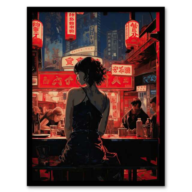 Ukiyo Cyberpunk Jazz Bar Film Noir Neon Anime Framed Wall Art Print
