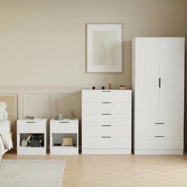 Vida Designs Trega 4 Piece Bedroom Set (1 Drawer Bedside Chest x2, 5 Drawer Chest, 2 Door 2 Drawer Wardrobe) White