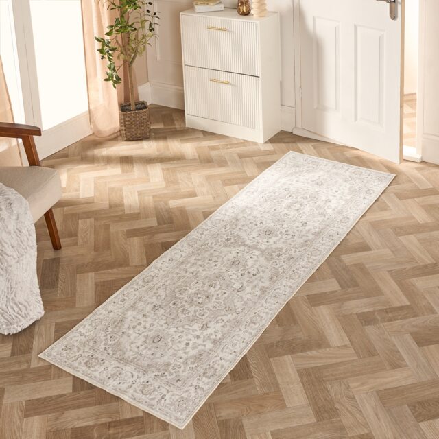 OHS Vintage Print Washable Indoor Carpet Floor Rug Runner, 66x200cm - Natural Bronze Natural 66 x 200 cm