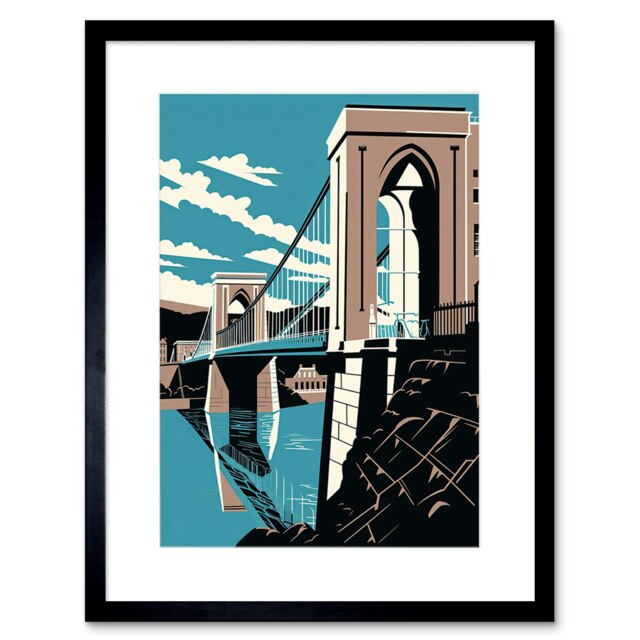 "Clifton Suspension Bridge Tan Brown Blue 9x7"" Black Framed Wall Art Print"