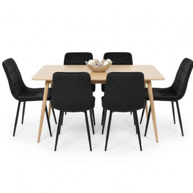 Rectangle Oak Effect Kitchen Dining Table With 6 Black Velvet Tufted Chairs Dining Set