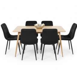 Rectangle Oak Effect Kitchen Dining Table With 6 Black Velvet Tufted Chairs Dining Set