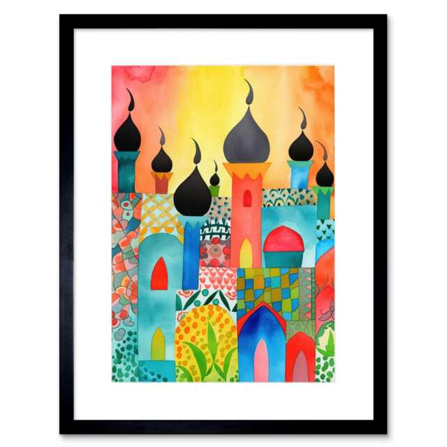 "Abstract Islamic Cityscape Folk Art 9x7"" Black Framed Wall Art Print"