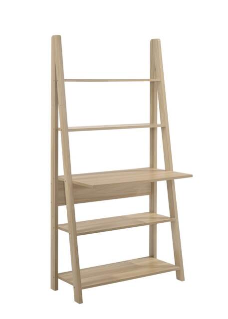 Riva Ladder Bookcase with 5 Tier Shelves & Overhanging Desk Shelf in Oak Effect