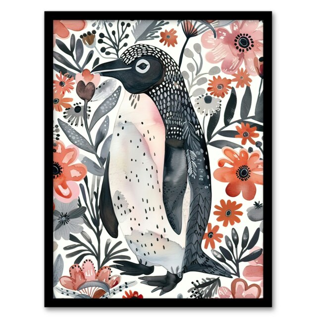 Penguin with Pink Flowers Watercolour Folk Art Black Framed Wall Art Print A4