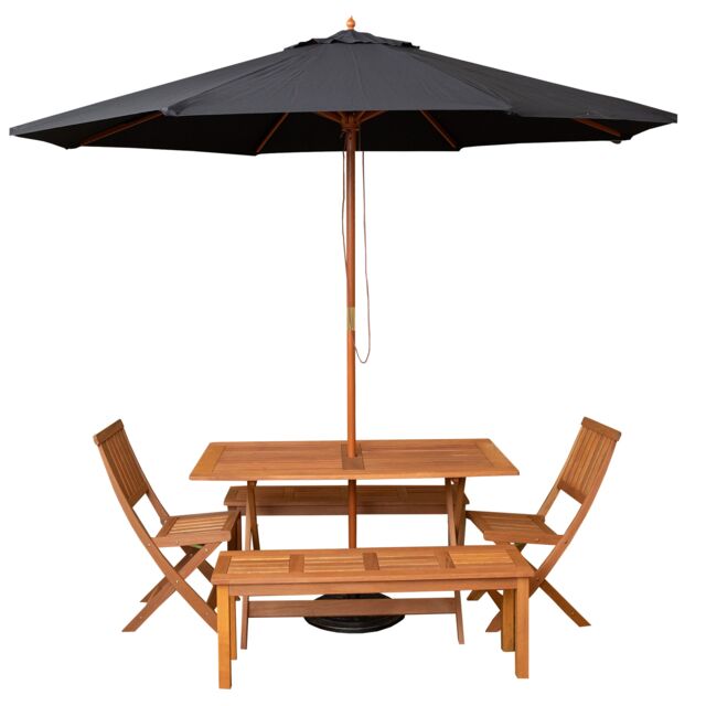 Outdoor 6 Person Rectangular Wooden Garden Dining Table, 2 Benches, Chairs with Black Parasol and Base Set