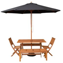 Outdoor 6 Person Rectangular Wooden Garden Dining Table, 2 Benches, Chairs with Black Parasol and Base Set