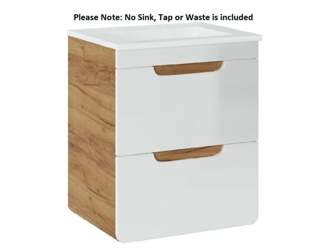 Wall Hung 500mm Vanity Unit Small Bathroom Sink Cabinet with Drawers White Gloss Oak Compact Slimline Aruba