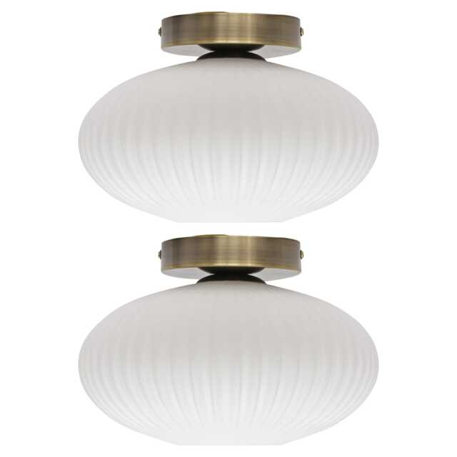 Set of 2 Baton - White Ribbed Oval Glass Antique Brass Ceiling Lights