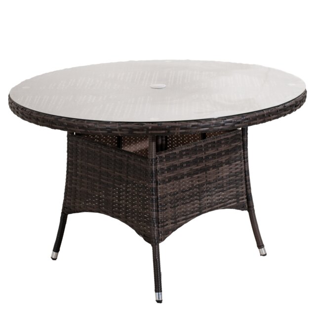 Direct Wicker Outdoor 4 Person Rattan Round Dining Table, Aluminum Frame with Tempered Glass Top, Umbrella Hole Brown