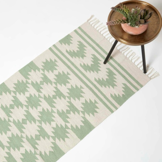 Homescapes Turin Green and Natural Kilim Cotton Hallway Runner Rug - 66 x 200 cm Green 66 x 200 cm