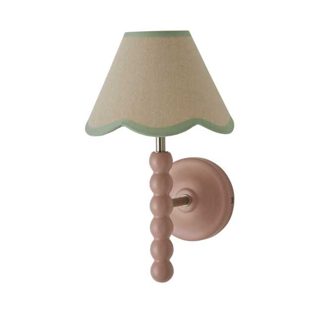 ValueLights Bobbin Pink Wall Light with Green Trim Shade and Bulb Pink