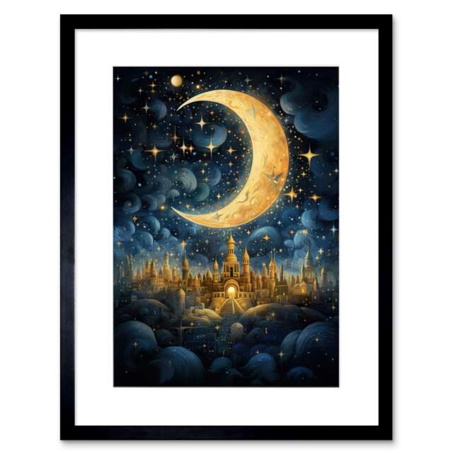 "Golden City Clouds Crescent Moon 9x7"" Black Framed Wall Art Print"